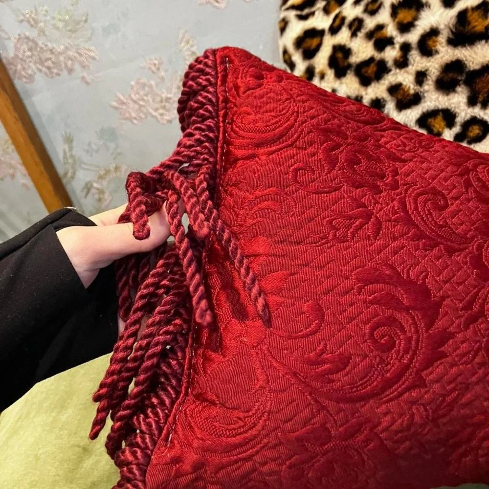 Vintage burgundy Embossed fringe Decorative Throw Pillow with Tassels